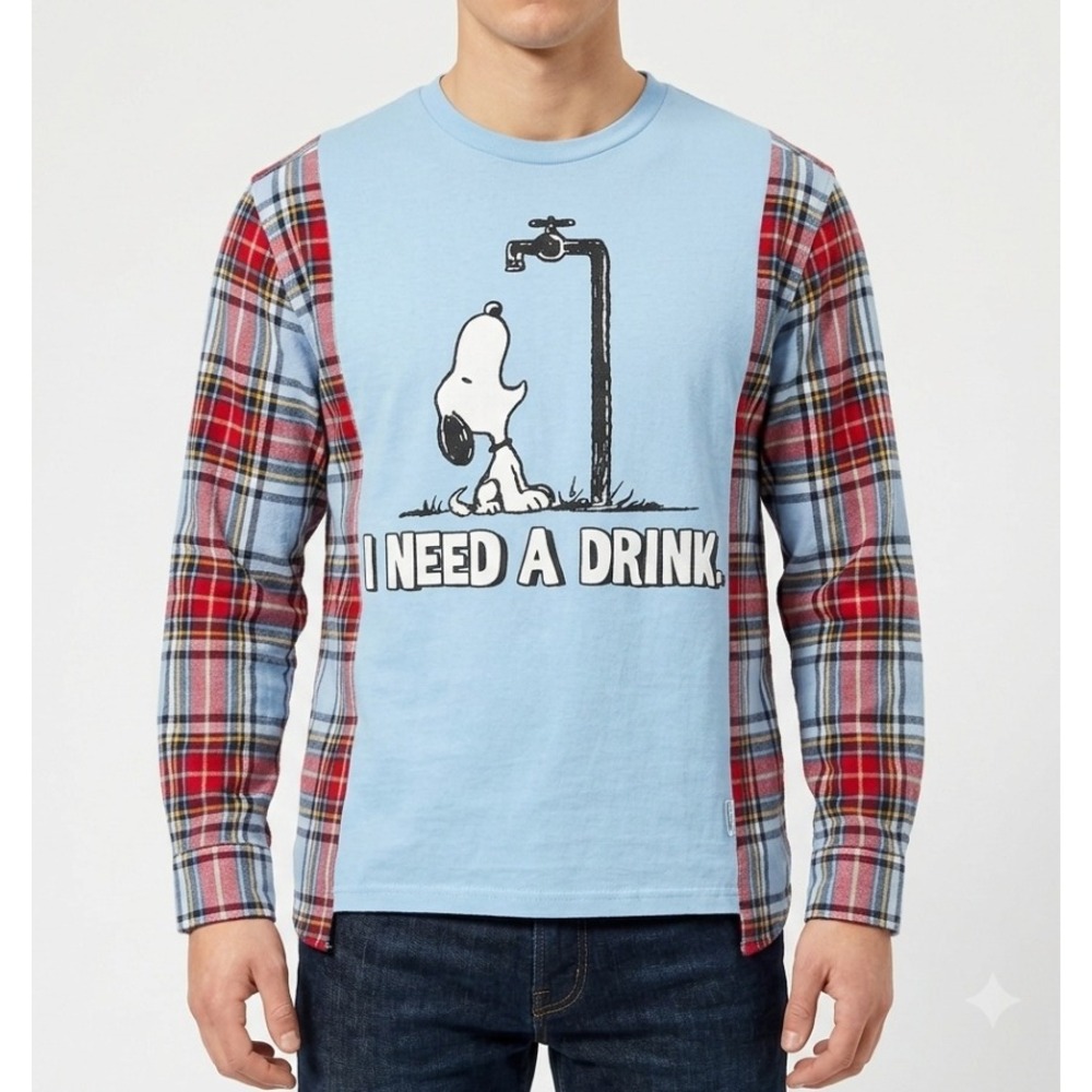 Peanuts Snoopy Hybrid Flannel Graphic Top S Blue I Need A Drink Reconstructed